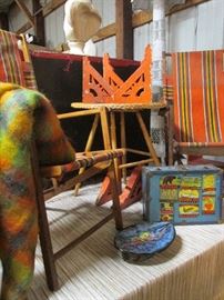 Scottish Mohair throws, Vintage folding chairs, Victorian wicker table, artist pottery, Victorian architectural trim corbels