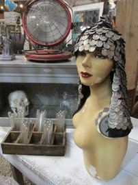 Mannequin torso with Vintage head wrap - with damage for artistic display as is, Industrial lighting