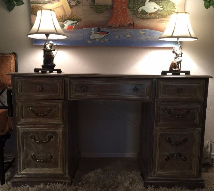 Hand Painted Desk w Dovetail Drawers and Leather Top