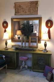 Hand Painted Vanity, Piano Stool, Table Lamps, Gold Mirror