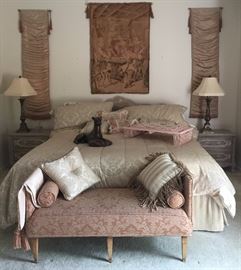 King Bed Headboard, Pair Nightstands, Table Lamps, Tapestry, Wall Hangings, Settee