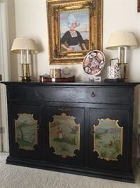 Hand Painted Chest, Pair Table Lamps