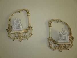 Antique Pair of Bisque Figurines on Pair of French Provincial Wall Hangers.