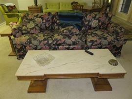 Vintage Down-Filled Couch with Marble Top French Provincial Coffee Table