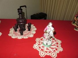 Sterling Overlay Decanter Set and Antique Figurine