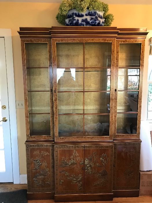 Chinoiserie China cabinet hand painted and gold leaf, beveled glass shelves, lights up   4' 7 inch  wide , 12inch and 14 inch deep, 6'6 tall          $  Sale Price   $400.00                 Final sale $285.00