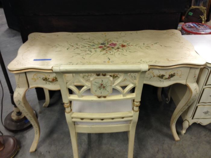 Ladies French Desk and Chair,  Butter yellow, gold leaf trim , beautiful pastel hand painting    .Final Sale Price                                                     $ 150.00    real deal!!!!!!
