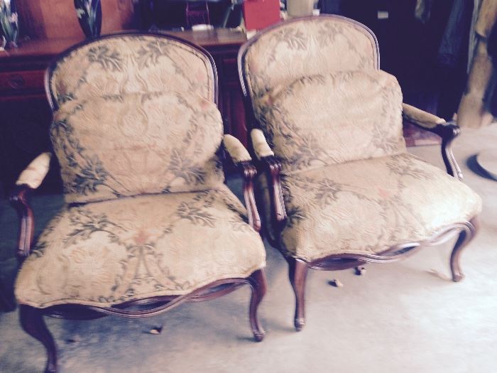 Chairs done in a taupe and brown, and some terra cotta (pair) Very Handsome, comes with back support pillow. Sale Price  $  250.00