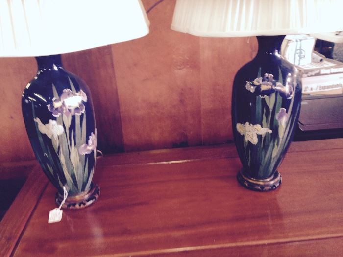 Antique Rare Cobalt blue lamps with hand painted iris on a wood platform     $450.00     circa 1920's