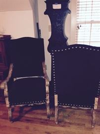 Velvet dark purple fireplace chairs, very confortale the woodwork is a painted patiana. Brass nail trim. Sale Price $ 300.00 