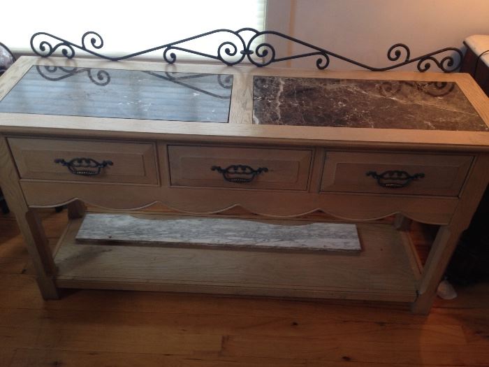 Thomasville pine buffet or could be used as a  and side table,  with brown marble inlaids, can be used  as  double sinks for a bathroom , shelf with baskets for towels.  Sale Price                                 $225.00