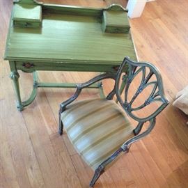 Green desk, 42x24  Sale Price $ 195.00  Hand painted chair with blue and green original finish.   Sale Price   $ 120.00