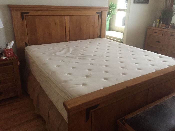 King size bed with very vice mattress set, has matching dresser, night stand and chest. QUALITY!!!