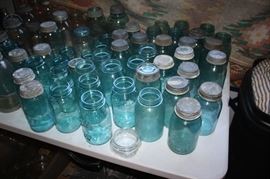 Lots of Ball and Kerr blue large canning jars