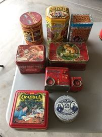 Front view of some vintage tins