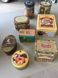 Bacardi Pina Colada Rum Cake,;    Pear's Soap;     Boston Tea Party (Packed by Solada expressly for the  Bicentennial  1773-1973 and the American Revolution 1776-1976;     LambertZ (Music Tin;            Hershey's Milk Chocolate Kisses (A Kiss for You);     Post Grape Nuts container      