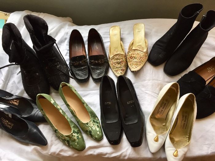 Huge selection of vintage and new shoes.  Pictured here Bruno Magli, Franco Sarto, Ferragamo