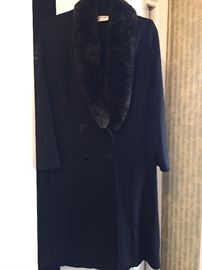 St. John navy double breasted coat with sheared beaver collar.