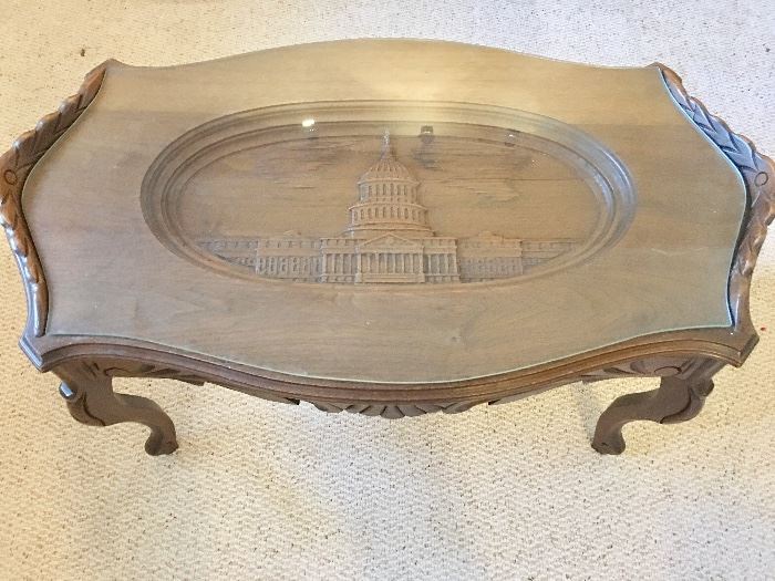 Coffee table with Capitol Building carved and recessed.