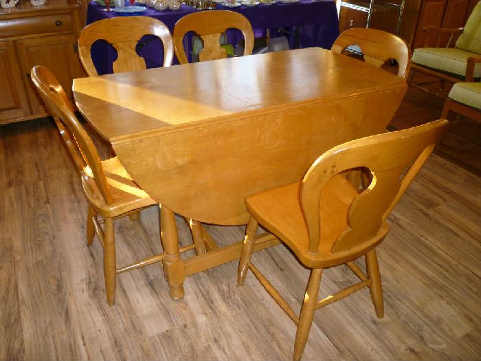 WOOD DROP LEAF DINING TABLE & 5 CHAIRS
