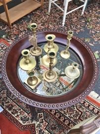Lots of end tables and vintage brass candlesticks