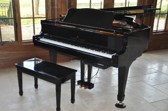 Gorgeous Young Chang polished ebony Grand Piano model G-185 with the ability to be a player piano. (includes black lacquer bench)