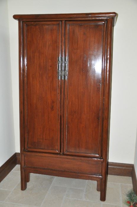 Stunning antique Asian Armoire/Wardrobe (two available!) 37"W x 75"H x 19"D. Inside has shelves and 2 drawers.