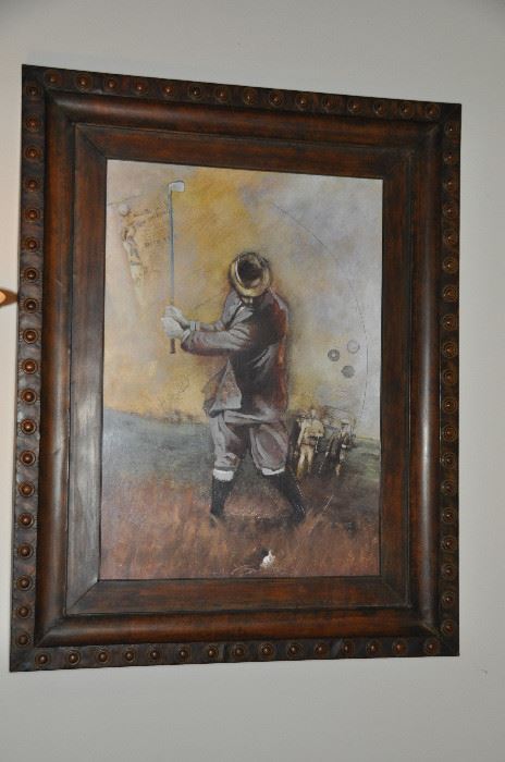 Wonderful large "vintage" golfer framed in a rustic metal frame 41.5"w x 53"h 
