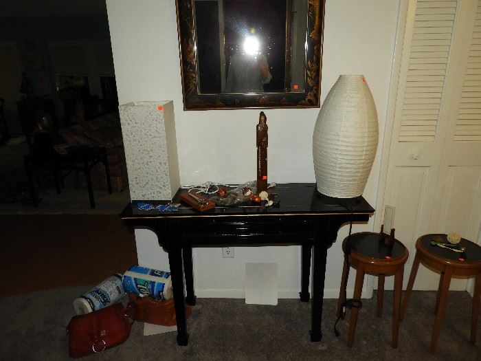 Side table, mirror, stools.  Unique lighting fixtures