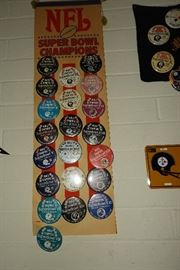 Collection of NFL Super Bowl buttons. Super Bowl I through XX