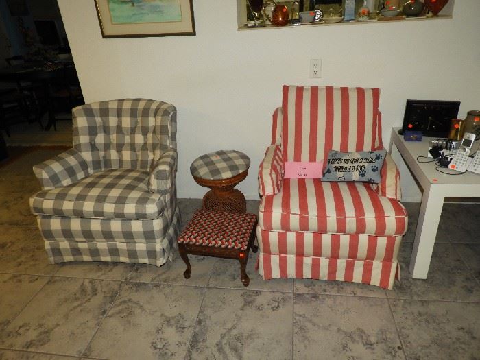 Upholstered side chairs, footstools
