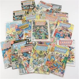 Collection of "Justice League of America" Comic Books: A collection of nineteen Justice League of America comic books. The collection includes issue numbers 133, 159, 167, 187, and more. It features Superman, Batman, Wonder Woman, The Flash, Aquaman, Green Arrow, and more. The comics have not been graded.