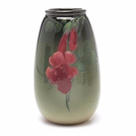 Hand-Painted Flower Vase: A hand-painted vase. The unmarked piece features a green graduated glaze with a hand-painted flower to the front.