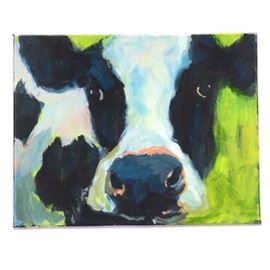Elle Rains Original Acrylic Painting on Canvas of a Cow: An original acrylic painting on canvas by contemporary American artist Elle Rains. The painting depicts a charming portrait of a doe-eyed black and white spotted cow gazing towards the viewer as it stands against a vivid green background. The painting is created in broad, expressive strokes of paint. The painting is signed to the verso. It is presented without matting or framing, awaiting your choice of presentation.