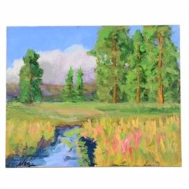 Kenneth Burnside Original Oil Painting on Masonite: An original oil painting on masonite by contemporary American plein air painter Kenneth Burnside. The painting depicts a stream cutting through a grassy field dotted with strokes of bright pink and red. A wide grassy field dotted with tall trees spreads across the background of the piece. The piece is painted in short, expressive strokes of thick paint. The painting is signed in black to the lower left, as well as to the verso. It is presented without matting or framing, awaiting your choice of presentation.