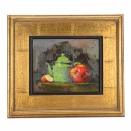 Ann Grimaldi Original Oil Painting "Still Life with Green Teapot": An original oil painting Still Life with Green Teapot by Ohio artist Ann Grimaldi. This painting depicts a green teapot with some apples against a dramatic dark background. This piece is signed to the verso. It is presented in a gold tone frame with a faux crackle finish and black liner. The verso of this piece is equipped to hang.