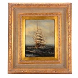 Signed Oil on Canvas Painting of Clipper Ship: A signed oil on canvas painting. This realistically rendered piece depicts a clipper ship at sea, with several sea gulls flying nearby. It is illegilbly signed to the lower right. Presented in a gold tone wood frame with moled composite detail and a wire hanger to the verso.