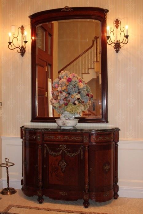 Antique Inlaid Cabinet with Marquetry and Oversized Mirror with Pair of Wall Sconces and Floral Decorative
