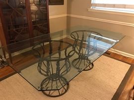 Elegant beveled glass dining table, architectural design.  Seats 6-8. $65