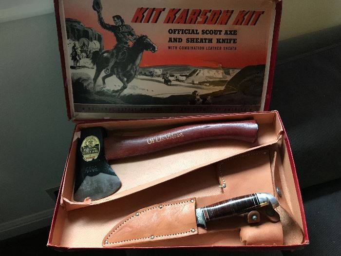 1954 Kit Karson's Kit of the official Boy Scouts of America axe and sheath knife. Valued at $200.  Price at estate sale: $120