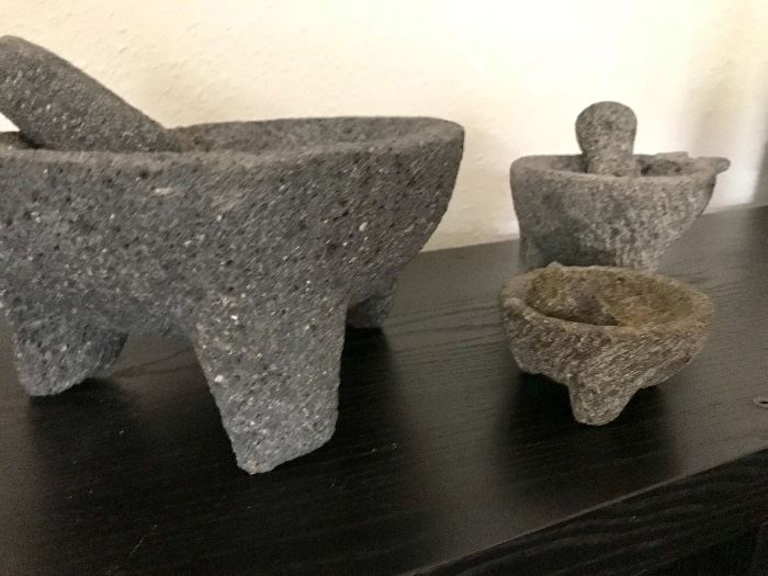Authentic molcajetes made with heavy stone. Large to mini size. Price at Estate Sale: $45 for all 3.