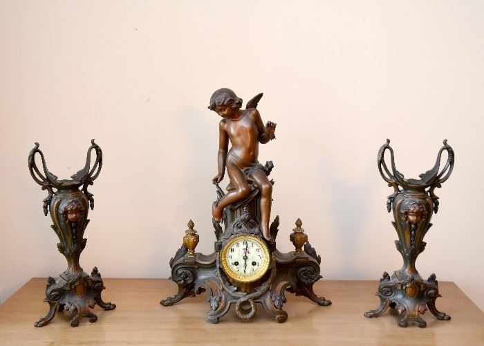 Art Nouveau Mantle Clock & Urns
