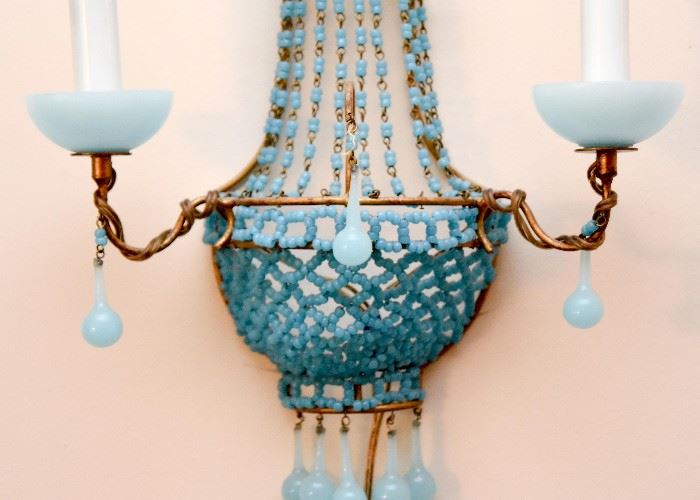 Pair of Vintage Blue Opaline Beaded Wall Sconces