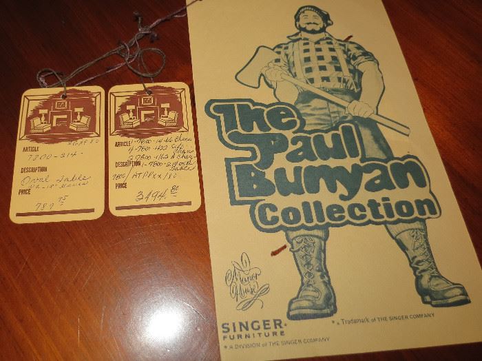 Original tags for singer Paul Bunyan collection Furniture retailed over 4000.00 dollars.