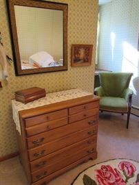 Ethan Allen Chest of Drawers, Olive Green Upholstered Chair, Decorative Mirrors