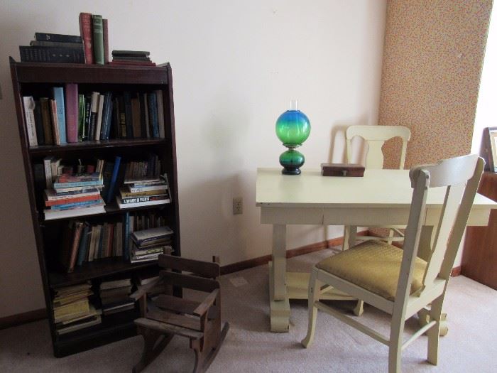 Painted Banker's Table and Chairs, Books, Globe Oil Lamp