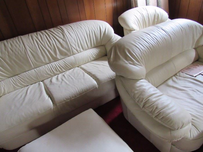 White Leather Sofa, Love seat, Chair and Ottoman, some wear 