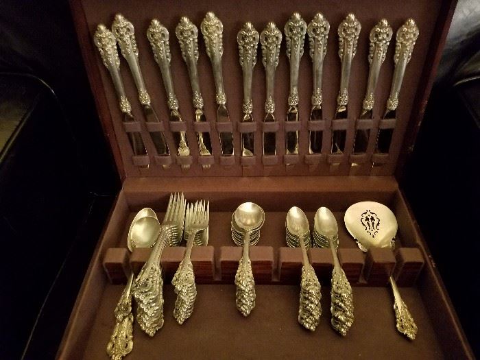 Wallace Grand Baroque sterling silver flatware set for 12, complete. Will not be sold for scrap.