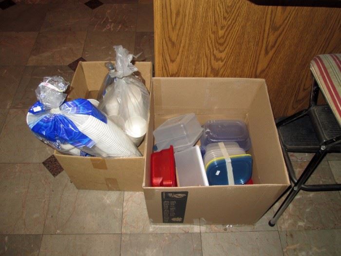 Kitchen: Cups, Plastic Storage bins