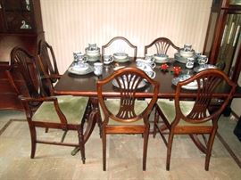 Dining Room: Duncan Phyfe Style Dining--5 chairs, (1Captain's Chair), 1 leaf, Protective Cover